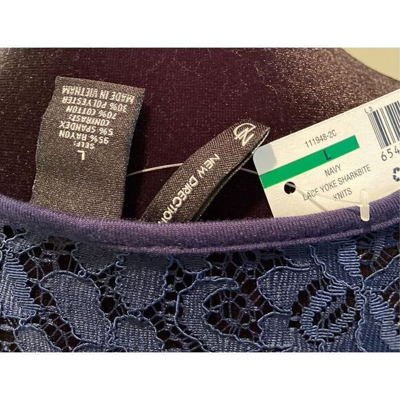 New Directions Women's Navy Large Top with Lace Neck and Sleeves - Picture 2 of 2